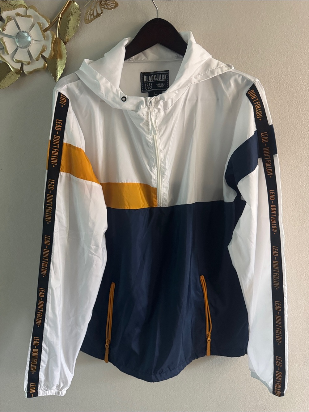 Black Blackjack Colorblock Hooded Windbreaker Jacket - White/Navy/Yellow